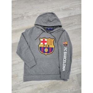 FC Barcelona Soccer Hoodie Men's Medium Gray Fleece Pullover Barca Crest Logo